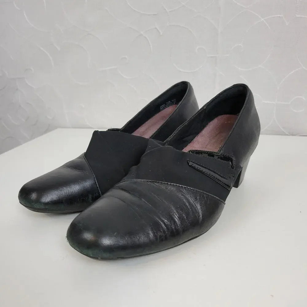 Clarks Womens Shoes Size 7.5 Black Leather Sugar Spice Heeled Slip On Pumps